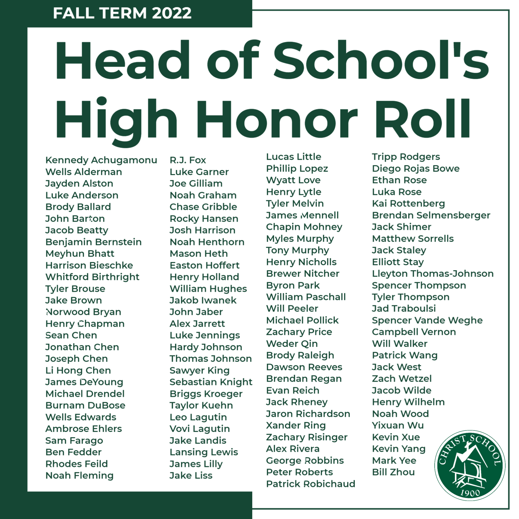 113 Greenies Make Head of School's High Honor Roll Christ School